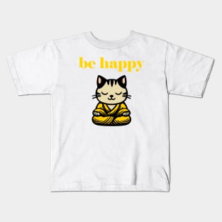 Cute Be Happy Meditating Cartoon Monk Cat Kids T-Shirt